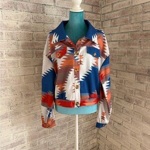 SHEIN Aztec Print Button-Front Jacket in Blue, Rust & Cream